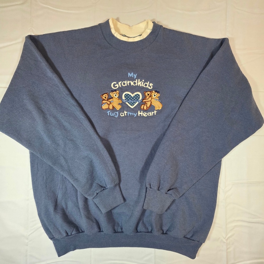 Vintage 90s M&E Sportswear Grandkids Teddy Bear Sweatshirt Blue Large